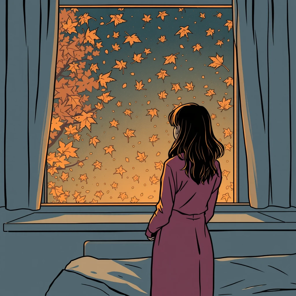 A lonely woman in the hospital looking out of the window at the fallen leaves, a very strong sense of atmosphere. Free composition. comic.