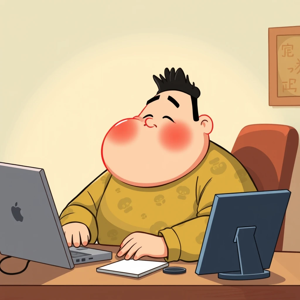 cartoon style
Chinese, fat, programmer, macbook - Image