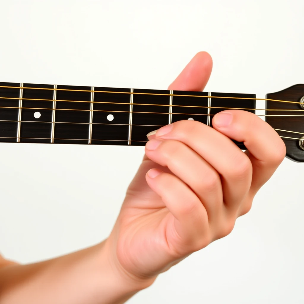 The fretboard of a right-handed acoustic guitar, showing the left hand pressing down a C major chord and the right hand picking the strings.