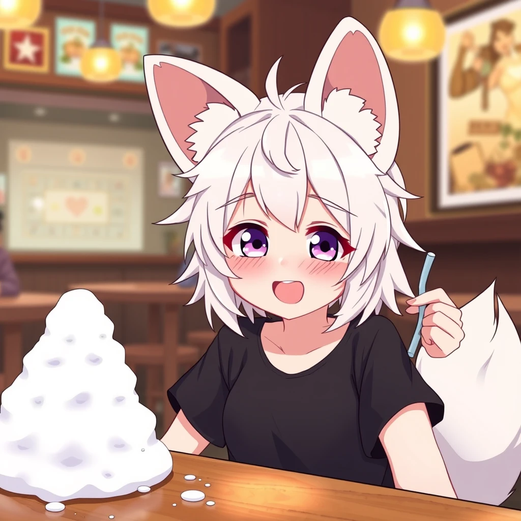 Cute anime girl with fluffy fennec ears and a fluffy tail, white messy short hair, purple eyes, wearing a black t-shirt, sitting at a table in a bar. On the table is a small mountain of snow, and the girl looks at the snow with a big crazy smile, holding a straw without a kink in her right hand.