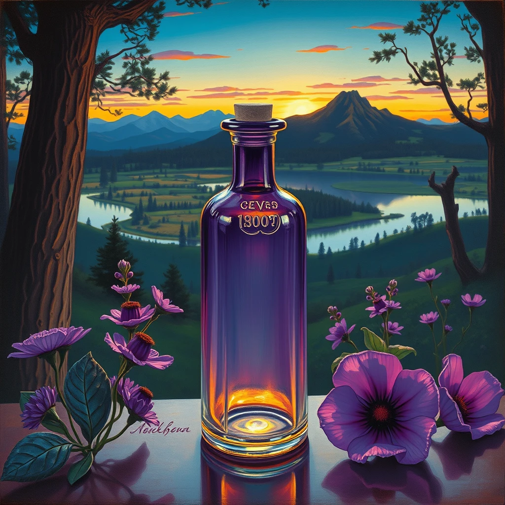 'The art of Alphonse Mucha, cosmetic glass bottle, violet, rendering, beautiful scenery, dramatic colors.'