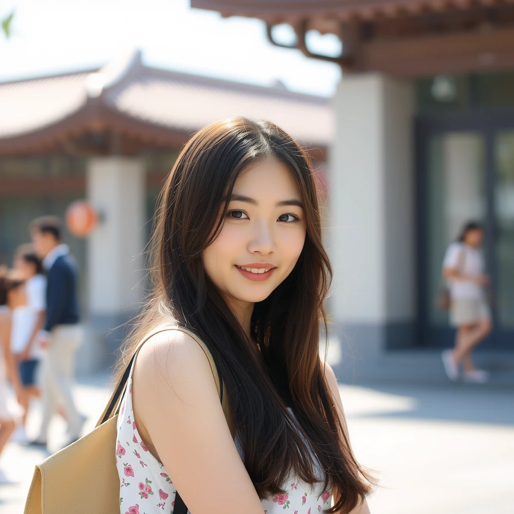 A girl, pretty beautiful, Chinese human, 18 years old, college student, summer.