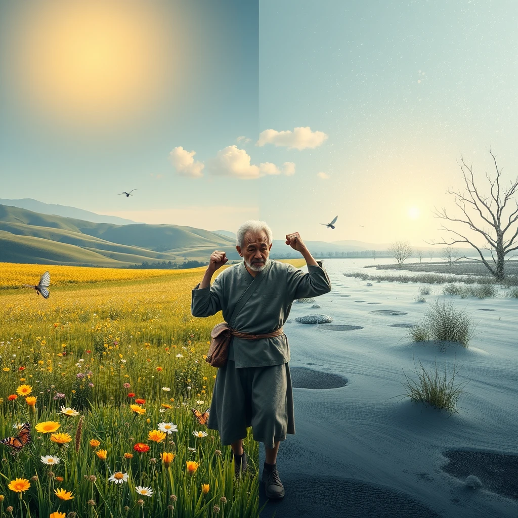 Background and Separation:  
Generate a wide image, divided into two parts:  
Left Part (Bright World):  
Colors: Predominantly in green, yellow, and gold, creating a vibrant spring atmosphere.  
Elements: A lush grassland, with flowers clustered throughout, and colorful butterflies and bees fluttering around. In the distance, rolling hills and a light blue sky, with a few white clouds leisurely drifting by. Golden sunlight hangs in the upper left corner, illuminating the land.  

Right Part (Dark World):  
Colors: Mainly in gray and white, creating a cold, dim winter atmosphere.  
Elements: Depict a frozen wasteland, where snowflakes dance in the air, and a cold wind howls, the ground covered with a thick layer of snow. A frail middle-aged Chinese man stands facing the bright world in the dark world on the right; his clothing is thin, his expression weary, as he pounds his fists against the boundary between the two worlds. However, there is an invisible barrier between the two worlds, making it impossible to reach the bright world. He gazes at the sunlight across from him, revealing a yearning and despair for light.  

Details and Atmosphere:  
Light and Shadow Contrast: Strengthen the contrast of light and shadow between the two worlds, making the image more vivid and powerful.  
Atmosphere Creation: Through the comprehensive use of color, light, shadow, and elements, create a striking visual effect that allows the audience to feel the human pursuit of beauty and the helplessness and sadness when facing hardships. - Image