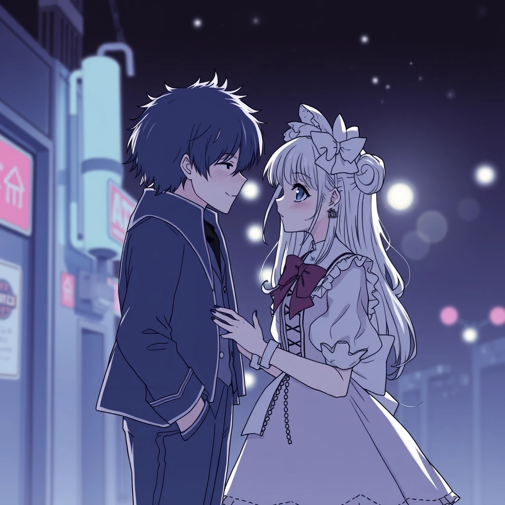 anime lineart, beautiful girl dressed in Lolita costume and handsome tall boyfriend are dating, cinema - Image