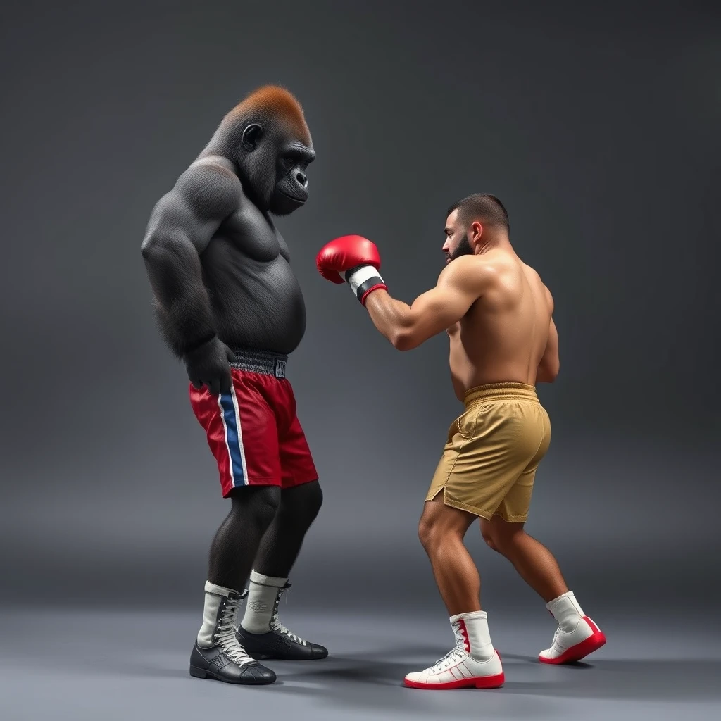 A boxer 1.64m tall and weighing 54kg facing a gorilla. - Image