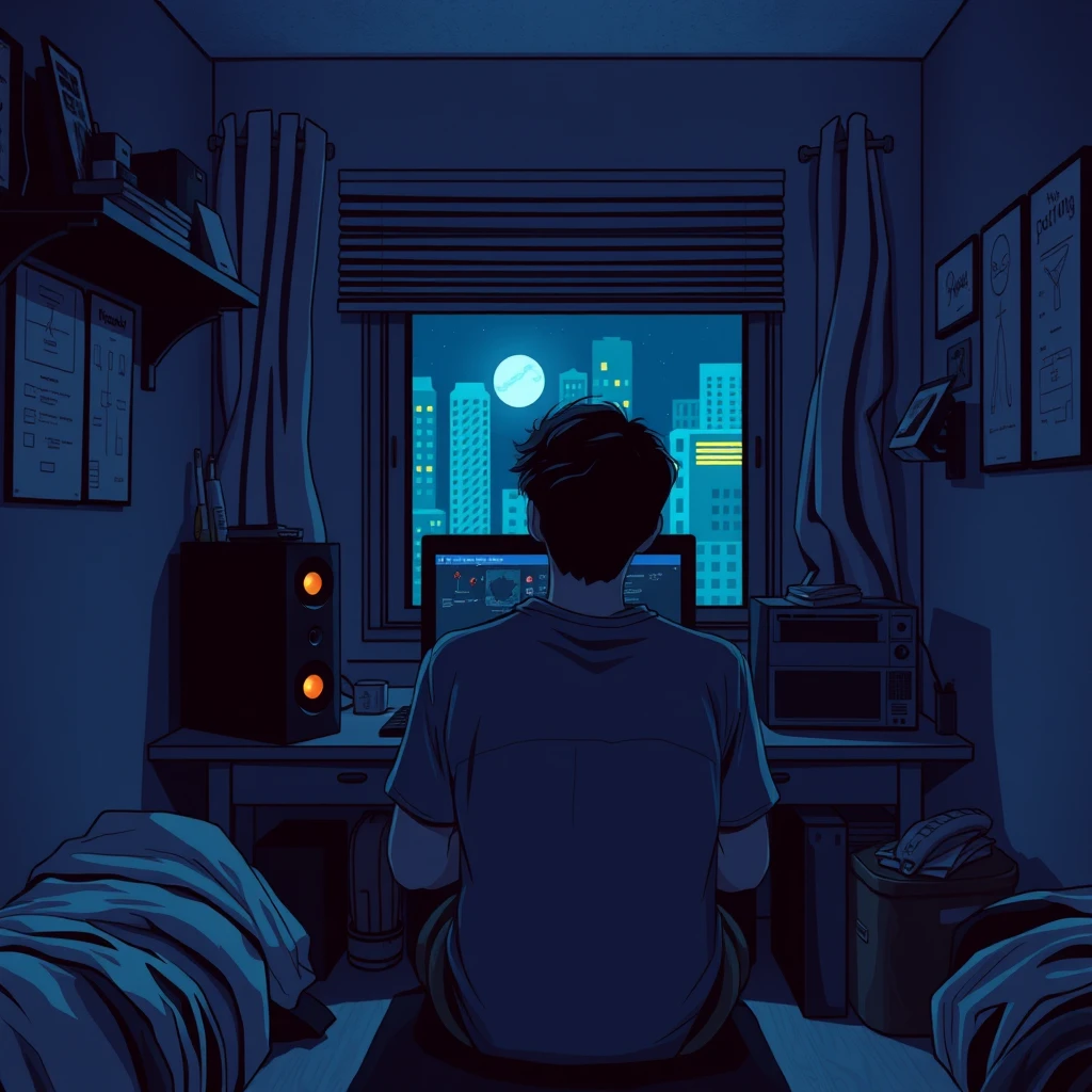 In a small room at night, a young man is sitting with his back to the camera, facing the computer and playing a game in a cyberpunk comic style. - Image