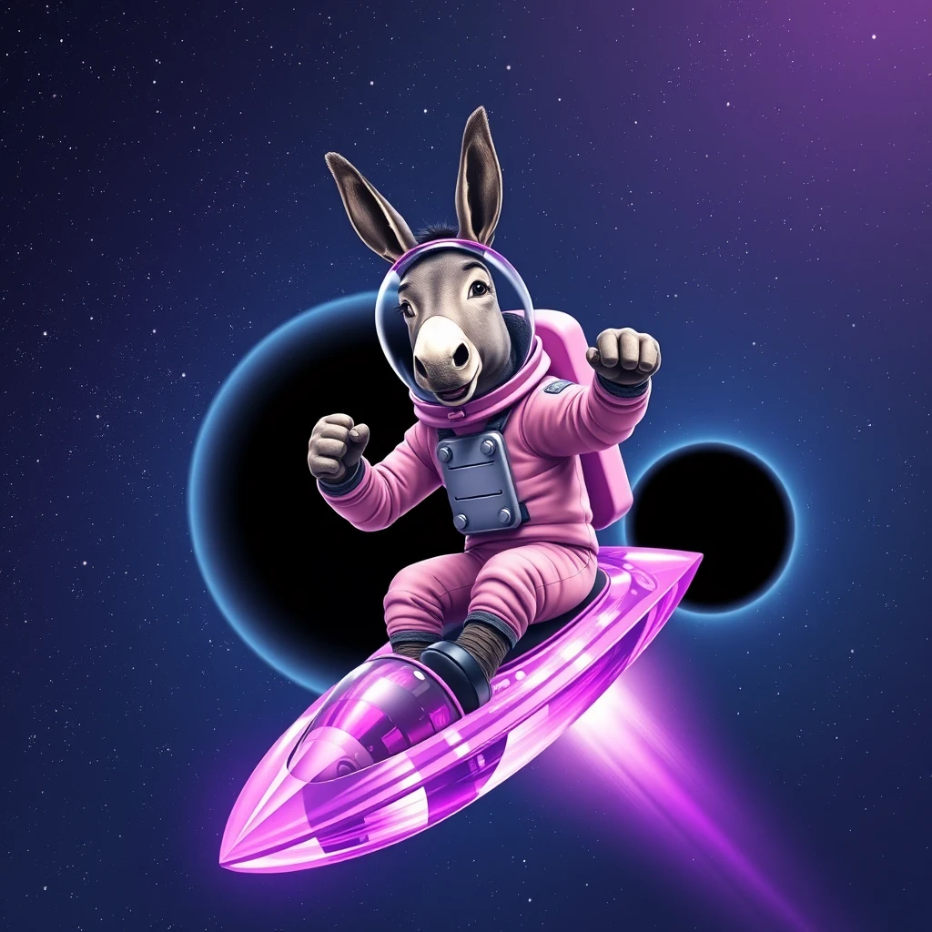 An ambitious donkey wearing pink astronaut costume, riding on a crystal light purple stunning spaceship, making a punching gesture, flying to the outerspace under a clear night sky with lots of shining stars, passing by a huge black-hole. Realistic style. - Image