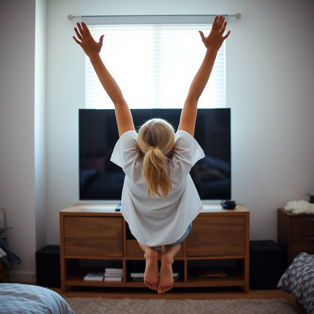 A young blonde skinny woman in her twenties is in her bedroom, wearing an oversized white t-shirt and light blue denim shorts, with no shoes or socks. She faces her TV and dives headfirst into it, arms raised over her head, and both legs up in the air, making her appear as if she is diving or flying. The lower part of her t-shirt flares out, almost revealing her chest due to the height of her arms, which extend through the TV screen. - Image