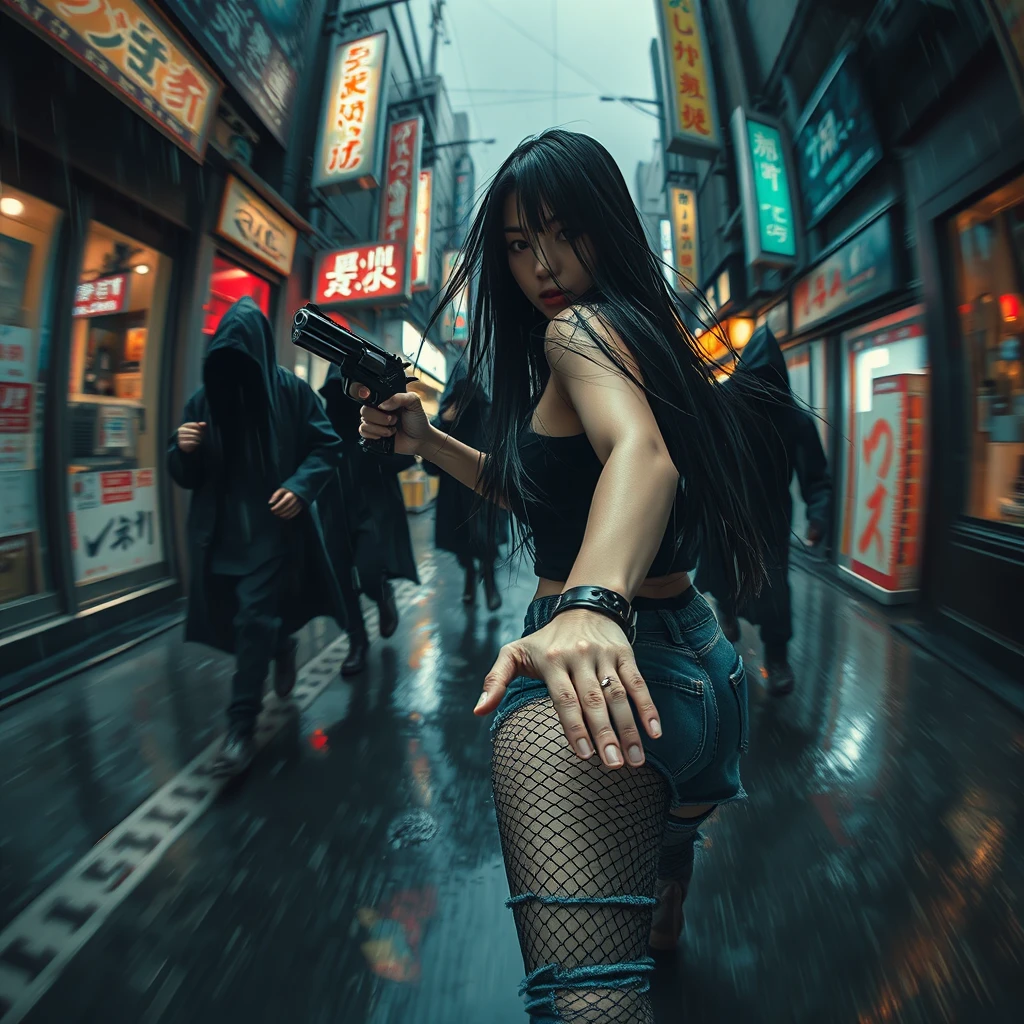 dark grungy brush strokes, sexy alluring cyberpunk Japanese female with long straight black hair, sprinting desperately down a dark dystopian urban alleyway being chased by cyberpunk assassins in hooded cloaks just about to reach her, holding a revolver pistol in her right hand, ripped jeans, ripped fishnet leggings, she is turned slightly towards the chasers, bokeh, depth of field, raining, wet surfaces, wet hair, cybernetic implants, fisheye lens, high FOV, grunge graffiti art style, Japanese shop signs, neon lights with realistic lighting, dark and gloomy, manhwa art style, realistic lighting, realistic reflections, high quality, 8k, concept art, close up camera shot, realistic hands, realistic pistol.