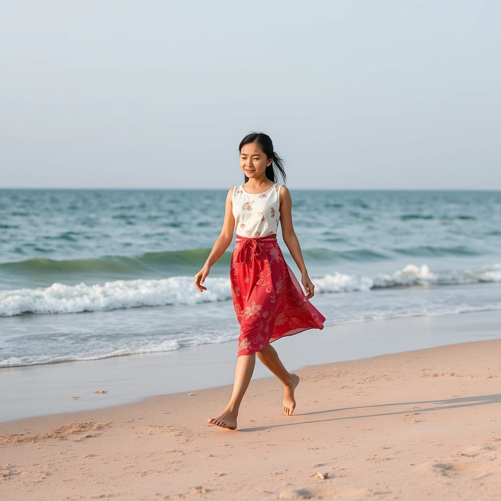 A Chinese girl walking on the beach. - Image