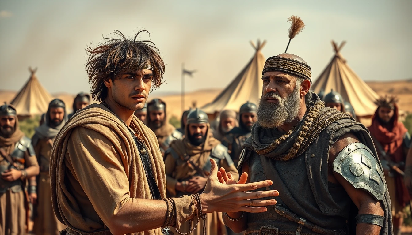 A young man with messy hair looks anguished and passionately gestures with a middle-aged man. The young man is dressed in ancient biblical shepherd's attire, while the older man is dressed to resemble Hammurabi, the Mesopotamian King. The young man stands apart from the middle-aged man. Both men are surrounded by a diverse group of men in ancient Israelite bronze age soldier armor. In the background, there are Bedouin tents pitched on a desert shrubland. Dramatic lighting. - Image