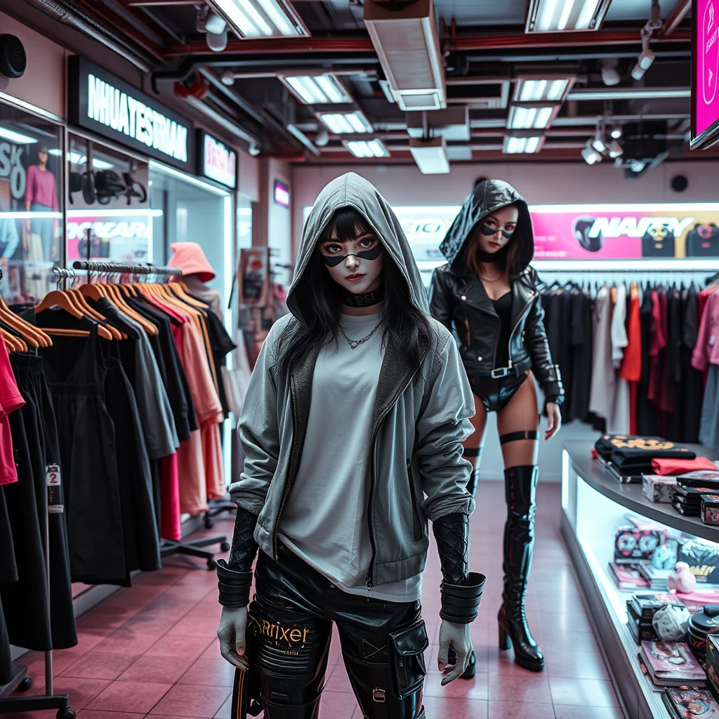 Women's wear shop, cyberpunk style, no human