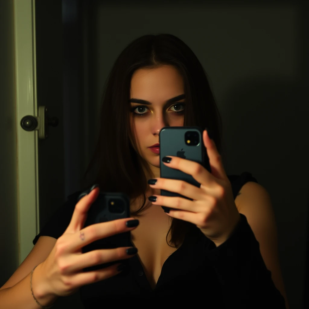 Phone photo: A woman vampire stands in front of a mirror capturing a selfie. The image quality is grainy, with a slight blur softening the details. The lighting is dim, casting shadows that obscure her features. Her expression is casual while the old iPhone struggles to focus, giving the photo an authentic, unpolished feel. The mirror shows smudges and fingerprints, adding to the raw, everyday atmosphere of the scene.