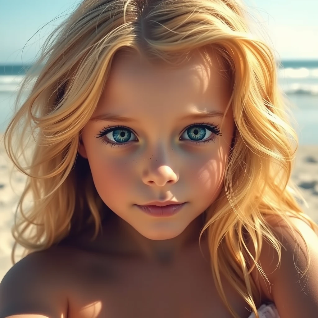 A beautiful girl with yellow hair and big eyes, sunning herself on the beach. - Image