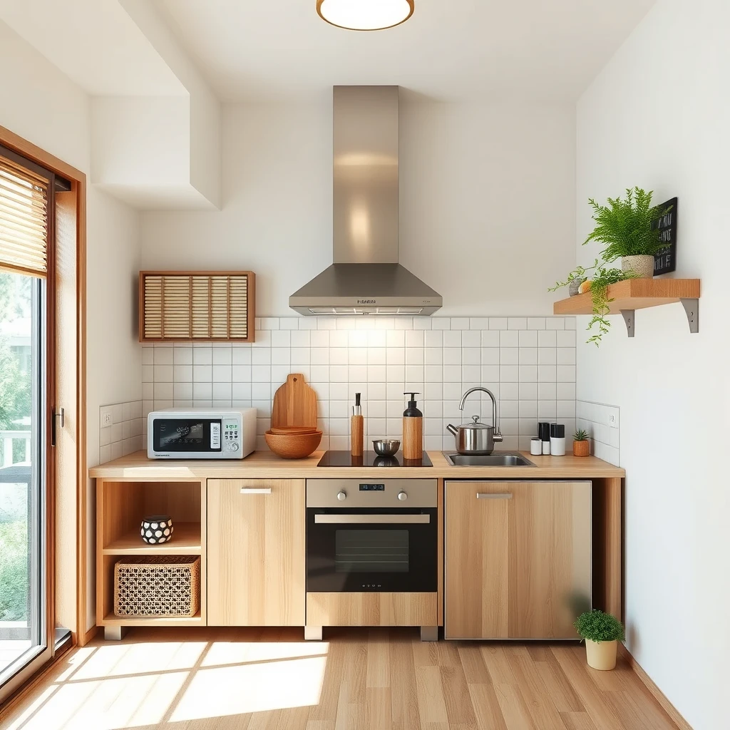 A small kitchen with Japanese style, equipped with a range hood, interior design, text content: fancun - Image