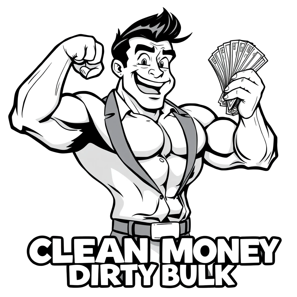 A cartoon black and white Richie Rich style comic of a muscular business bro flexing while holding a wad of cash. The text says “Clean Money Dirty Bulk.” - Image