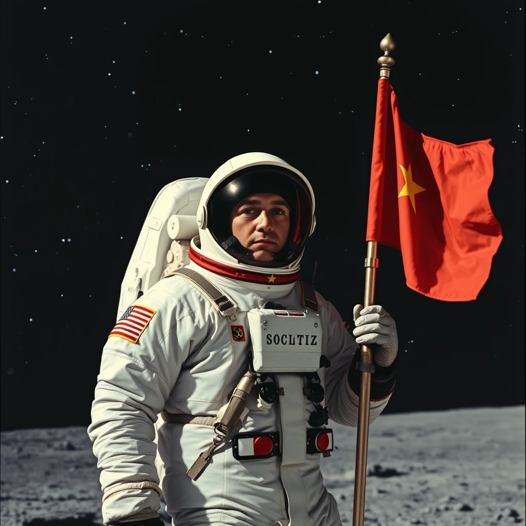 Soviet cosmonaut in a space suit standing on the Moon, looking at the viewer, his face hidden by the dark visor of his helmet. In his right hand he holds the pole of a flag of the Soviet Union, clearly visible next to him. Behind the cosmonaut, in the background, there is a black sky with bright stars, and galaxies in the distance.