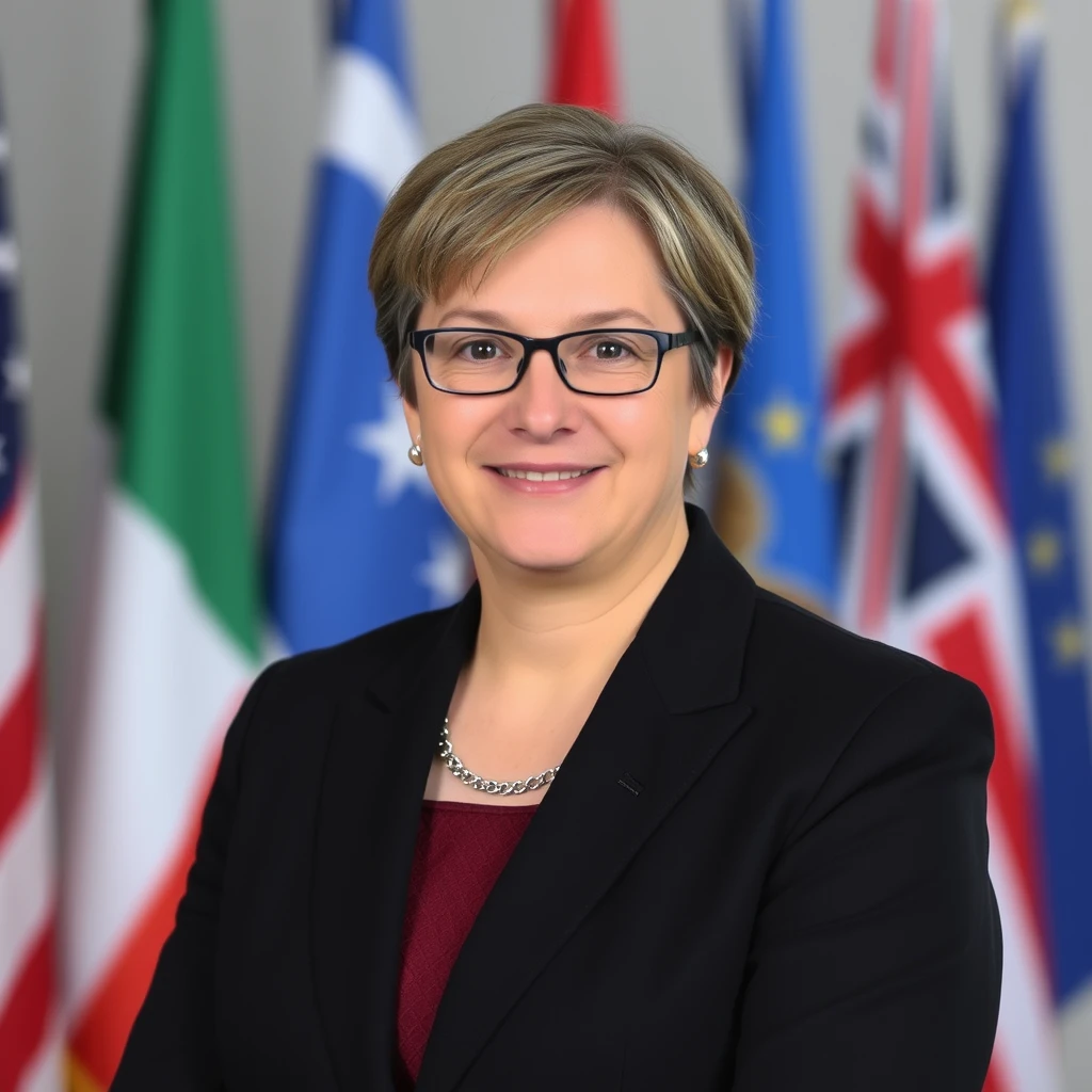 Professional portrait with flags in the background.