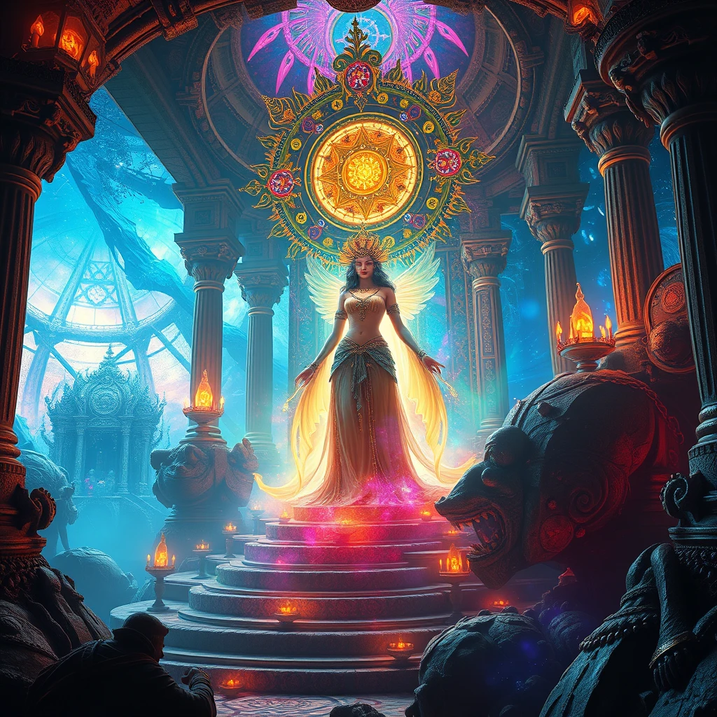 The goddess at the heart of the temple. Set in the realm of the machine elves. A scene of hyper-realistic beauty, awe, and ethereal wonder in a space of ultimate relaxation and psychedelic peace. A festival of divine being where colors explode in fractal patterns and esoteric symbols carve into the surroundings. --chaos 40 --ar 3:2 --stylize 300 - Image