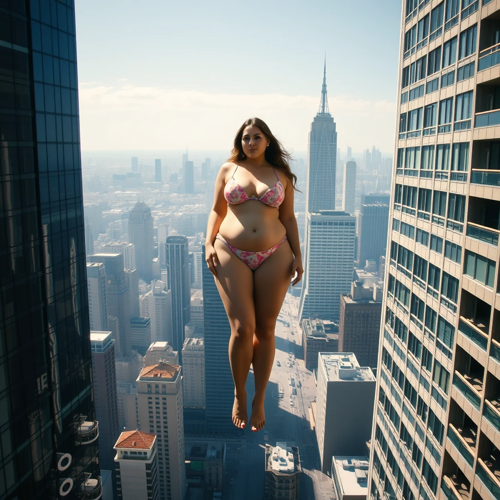 aerial view of city, giant stunning plus size woman in bikini standing barefoot between buildings, realistic shadow - Image