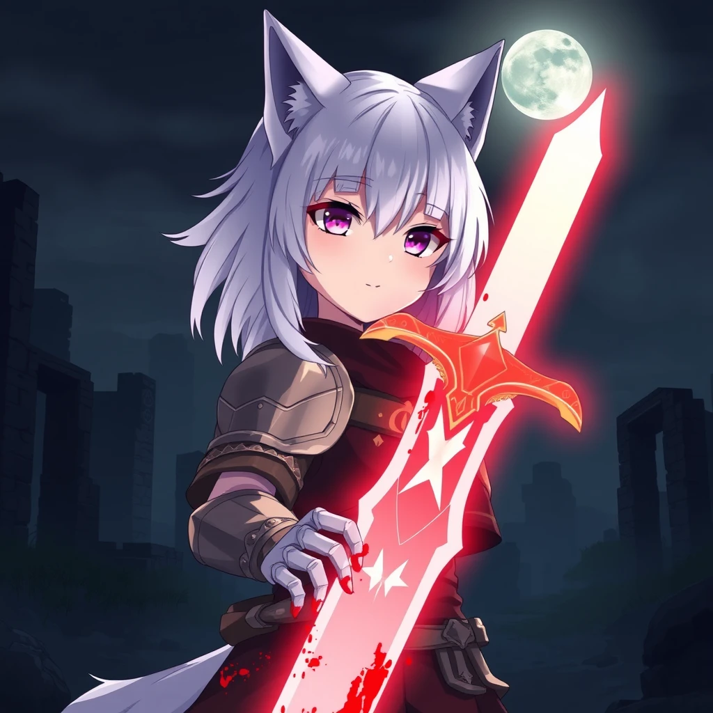 An anime girl with medium white hair, wolf ears, and a tail, with purple eyes, is holding a sword. The sword is glowing light red and is covered in blood. The girl is wearing armor. Old ruins can be seen in the background, and it is dark and foggy. The sky features a full moon. - Image