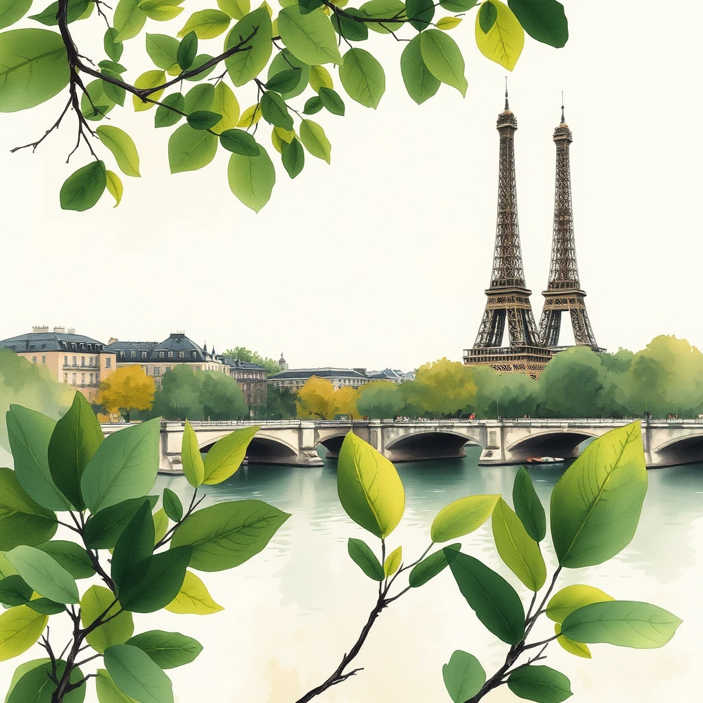 Ink wash in green and gold tones, fresh green leaves in the foreground over a lake, muted colors, sketch ink watercolor style by Wu Guanzhong, muted splatter art, French chic, Eiffel Tower, café ambiance, pastel tones, inspired by Henri de Toulouse-Lautrec. - Image