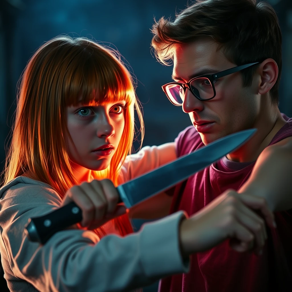 A horror scene; a short, skinny teenage girl with long ginger hair and bangs, green eyes, is cutting a tall, young Italian white guy who wears glasses with a knife.