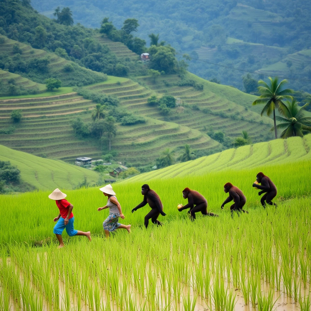 Thai rice farmers line dancing in a terraced field. Seven orangutans running away in the distance with stolen fruit.