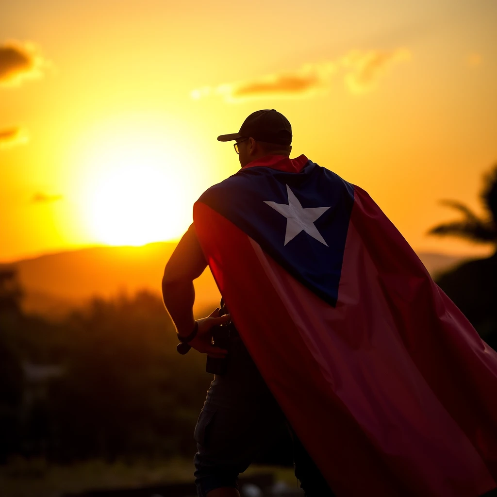 As the sun sets in Puerto Rico, a superhero emerges, their flag cape fluttering, machete emblem shining. With purpose, they patrol, ready to defend their homeland from any threat.