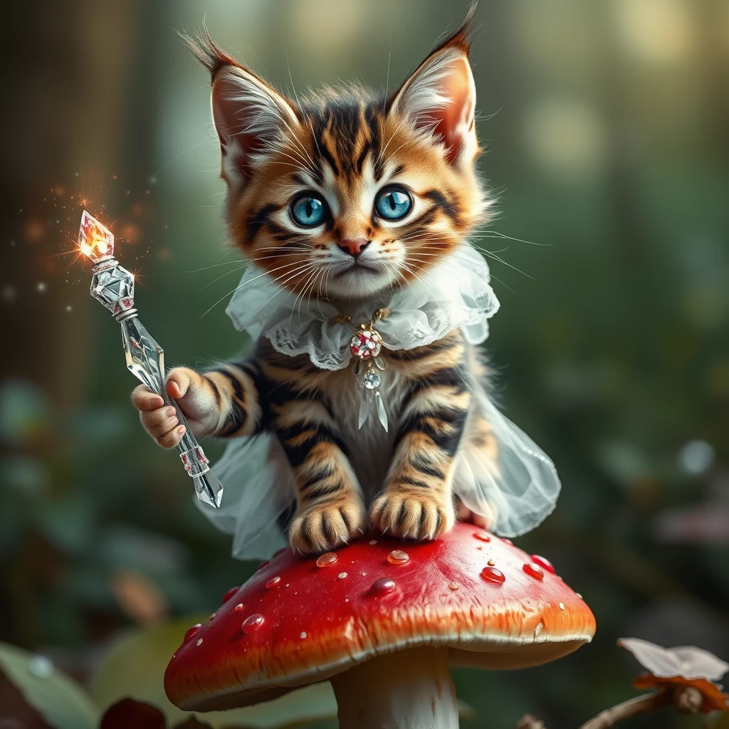 A mischievous tabby kitten, eyes sparkling with magic, dons a shimmering gossamer gown and crystal wand. Perched atop a toadstool, its tiny paws adorned with glistening ruby slippers. Hyper-realistic fur textures and ethereal fairy dust illuminate the enchanted forest backdrop. Cinderella-inspired whimsy meets feline charm.