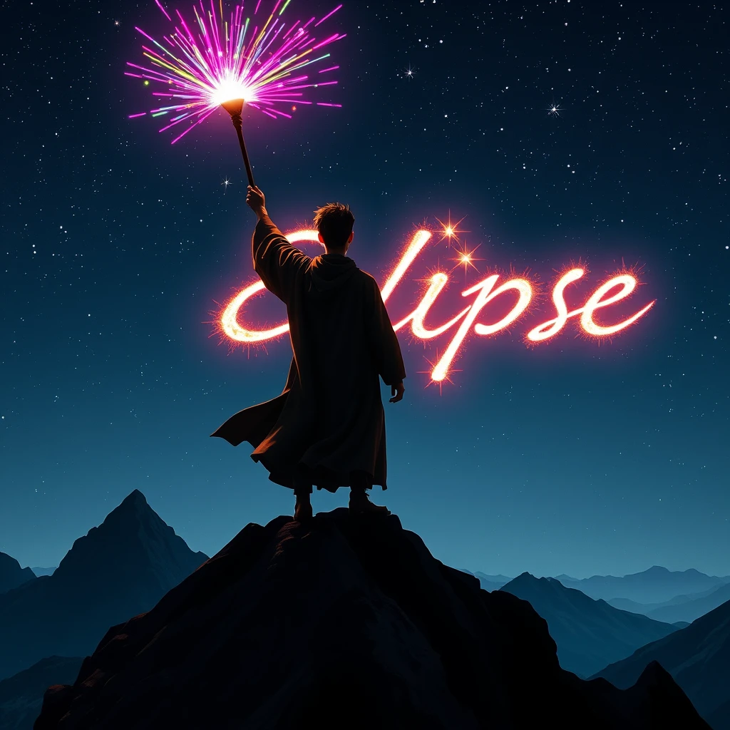 Setting: The peak of a jagged, windswept mountain, silhouetted against a night sky filled with stars.  
Character: A young man, perhaps in his late teens or early twenties, stands with his back to the viewer, atop the mountain peak. He wears a long, flowing robe that billows in the wind. His right arm is raised, holding a staff aloft.  
Action: Multicolored streams of magical energy erupt from the tip of the staff, forming the word "Eclipse" in the night sky. The magical script shines brightly, illuminating the surrounding landscape and casting flickering shadows on the robed figure.  
Lighting: The primary light source comes from the vibrant, firework-like magical display in the sky, casting dramatic highlights and shadows on the scene. The starry night sky provides a backdrop of subtle, ambient light.  
Visual Style: Realistic film style, with a focus on dramatic lighting and atmospheric effects. The scene should feel epic and powerful, conveying the raw energy of the magic being unleashed.  
Effects: The magical word "Eclipse" should appear as a dynamic, flowing display of light, resembling a celestial firework show. - Image