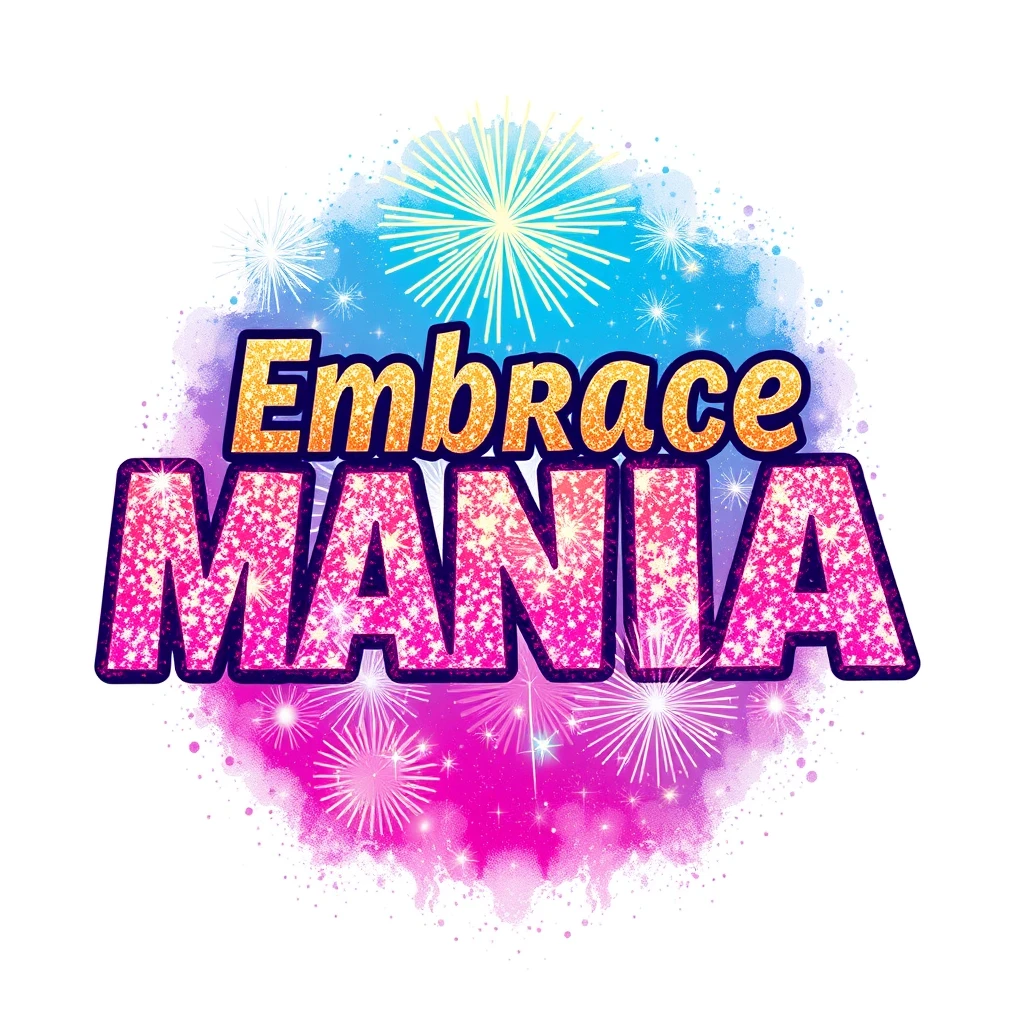 T-shirt design of fantastic vibrant glittery but ethereal text with galaxy-like fireworks explosions that says "Embrace Mania".