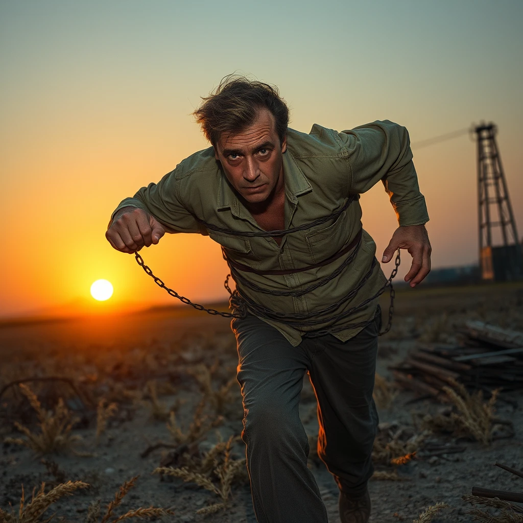 Concept of the Scene:  
---  
Scene Setting: At dusk, a gentle glow of the setting sun lingers on the horizon, illuminating an empty and somewhat desolate field or a deserted industrial area on the outskirts of a city. The ground is covered with sparse dry grass or discarded metal scraps, adding a sense of loneliness and helplessness.  
  
Character Description:  
- The protagonist is a middle-aged man, with a resolute yet somewhat weary expression, his eyes reflecting both defiance and confusion. His hair is slightly disheveled, and sweat trickles down his cheeks, showcasing his determined running posture.  
- His hands are tightly clenched into fists, as if trying to grasp something, yet seemingly futilely battling against invisible restraints. These restraints are represented abstractly, like tightly entwined vines, ghostly chains, or the weight of heavy air, tightly wrapping around his legs and upper body, limiting his freedom of movement.  
- For his attire, he wears an old but tidy shirt and long pants, paired with a pair of worn sneakers, reflecting his resilient spirit that refuses to give up despite being in a difficult situation.  
  
Lighting and Atmosphere:  
- The light comes in from a diagonal angle from the side and back, elongating the protagonist's shadow and creating a strong contrast that highlights his loneliness and struggle. At the same time, the sunset's afterglow and the protagonist's sweat complement each other, creating a warm yet desperate atmosphere.  
- The surrounding environment maintains a certain blurriness, through the clever use of color and light and dark contrasts, reinforcing the comparison between the foreground (the protagonist) and the background (the constraints and hopelessness ahead), allowing the audience to deeply feel the protagonist's internal struggle against the indifference of the external world.  
  
Symbolic Elements:  
- In front of the protagonist, a seemingly bright yet unreachable road or exit is faintly visible, surrounded by a glow symbolizing hope but difficult to touch, like a distant lighthouse or a beam of light piercing through the clouds, further emphasizing the theme of “looking towards a bright future but having no way out.”  
- It is appropriate to add some natural elements, such as dry grass swaying in the breeze or occasional birdsong coming from afar, to contrast the inner turmoil of the protagonist with a sense of natural tranquility.  
  
Overall Style:  
- The style combines realism with symbolism, focusing on depicting details while imbuing the image with profound meaning and emotional expression. In terms of color, the contrast of warm and cool tones enhances emotional tension, creating a visual effect that is both realistic and surreal.