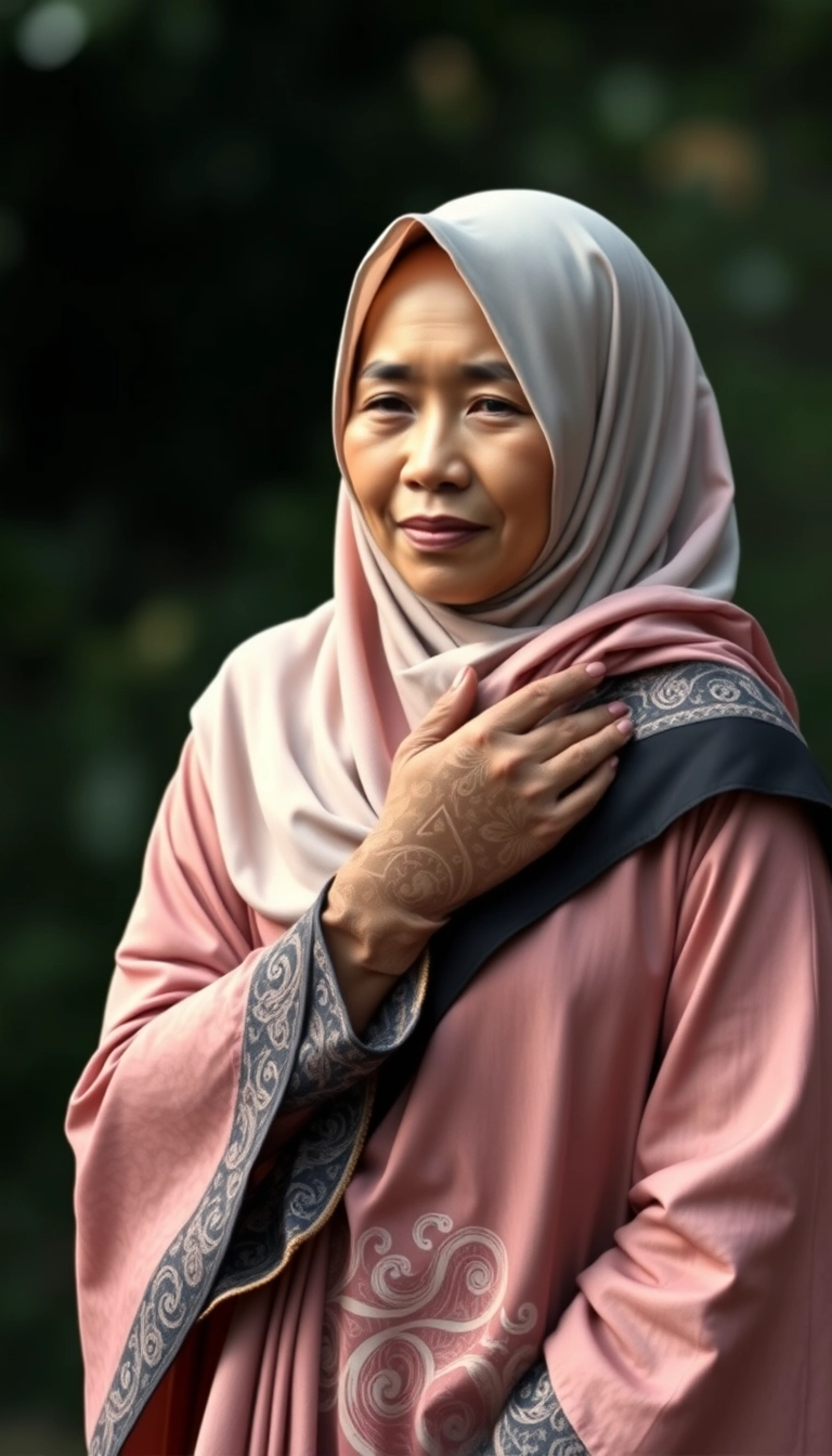 A, 8k, realistic depiction of a Muslim woman from Palembang, wearing a traditional long songket and a long gown (gamis). She is adorned with a hijab that covers her chest and wears batik gloves covering her hands.