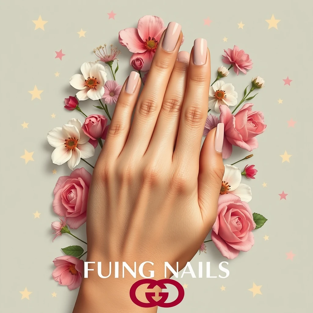 A hand with nude nail art, photographed in real life, surrounded by flowers and stars, poster design, Gucci poster design style, text information: FUING NAILS