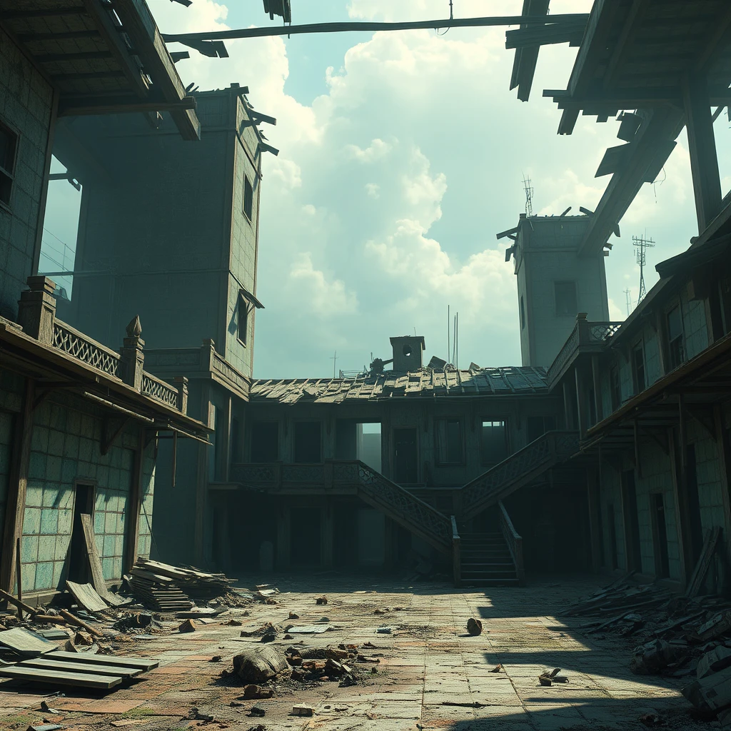 Apocalyptic scenes, abandoned buildings, interiors, broken roofs, concept design, game design.