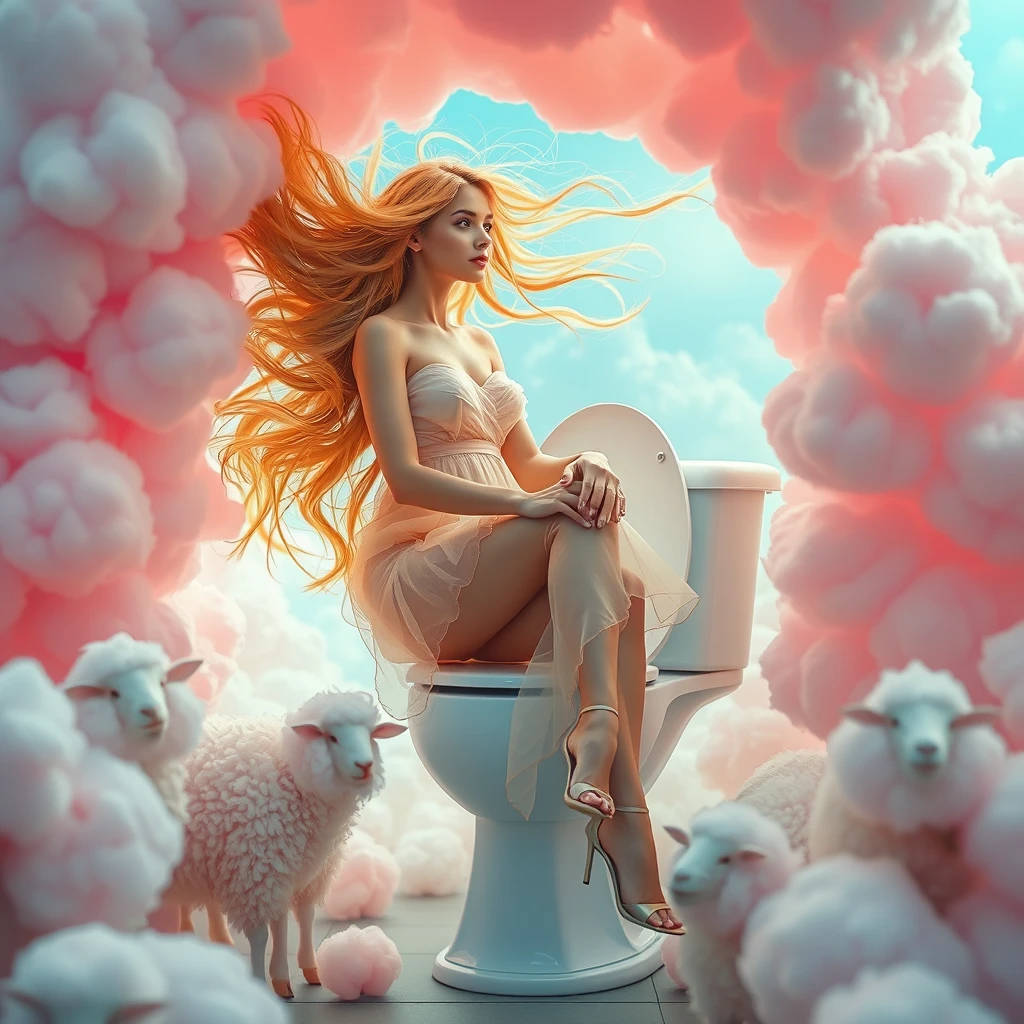 "Next Level Toilets" portal into cotton candy land, magical woman with golden hair weaving in the wind, wearing a translucent dress and high heels, close up, sitting on a toilet, cotton candy sheep. - Image