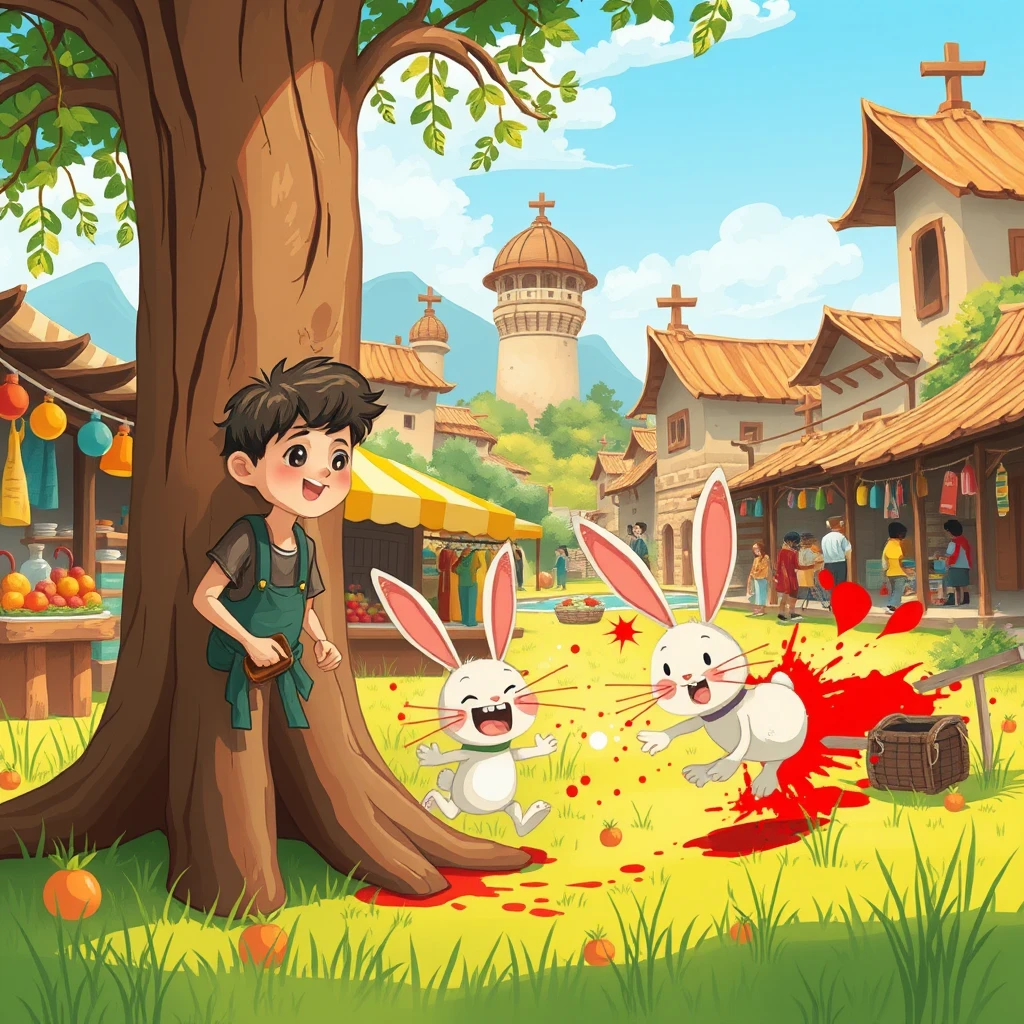   “Create a vibrant and playful illustration featuring a lively ancient marketplace with a whimsical, child-friendly style. 
  Use bold, bright colors and soft, rounded shapes to evoke a sense of wonder and excitement. 
  The atmosphere should be colorful and engaging, with abstract representations of stalls and buildings. 
  For another scene, illustrate a calm riverside with gentle, flowing lines and soft, soothing colors.
  Add a touch of fantasy with imaginative elements to make the environment inviting for children. 
  Consider a festive scene with bright, cheerful decorations and a fun, animated vibe. 
  Ensure the illustrations are highly detailed, with a high level of artistry, and are appealing and engaging for a young audience.”

around beautiful boy working in farm, a shocking awesome artistic scene with a cute little rabbit running with open mouth and closed eyes, crashed into a big tree trunk with red paint splatter effect, all in the sunny outdoors view, green grass, blue sky, ((masterpiece))