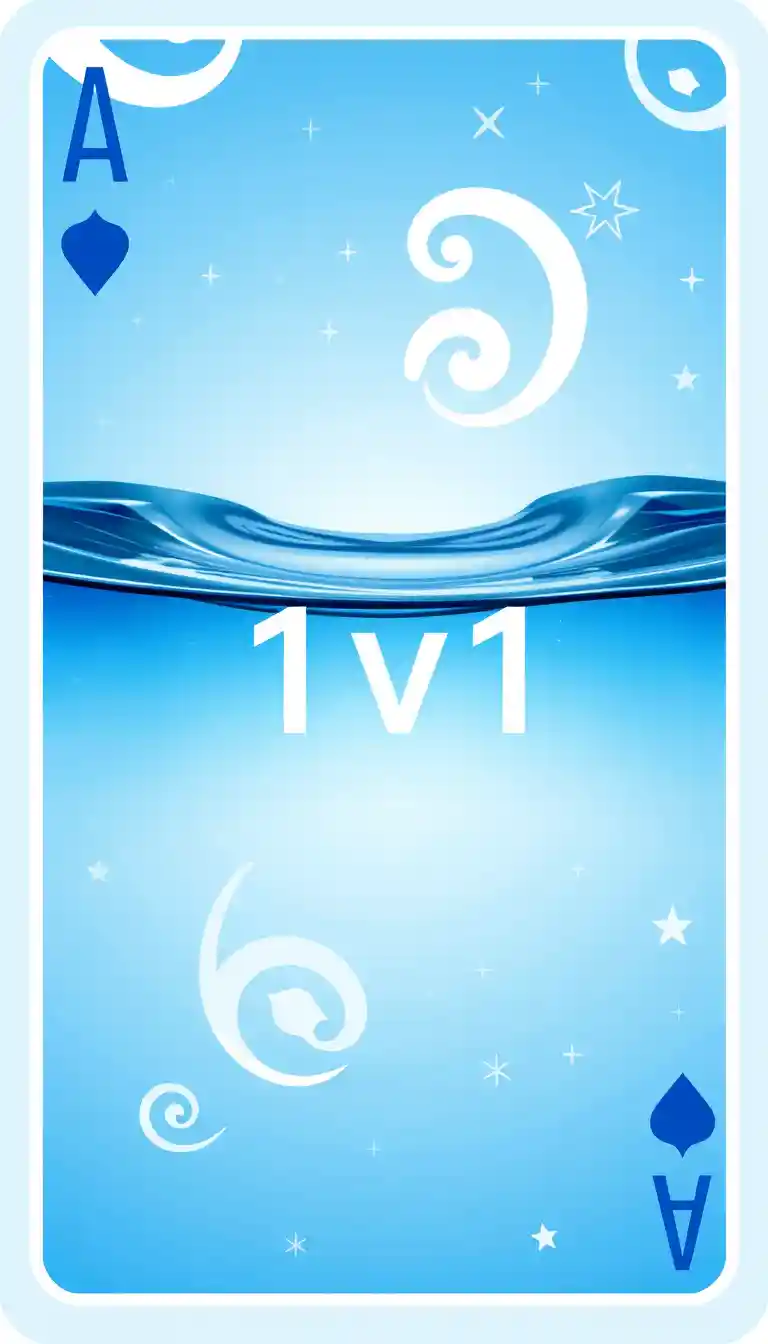 The image is a graphic design of a playing card with blue water in the center. In the center, it’s written "1v1". The card is portrait-shaped and has a blue background with white swirls and stars scattered throughout. The overall design is modern and minimalistic. - Image