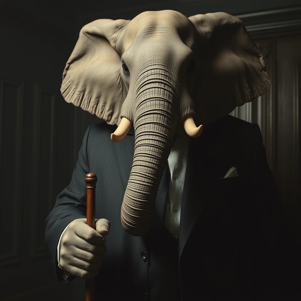 A large elephant man in a suit with large grey hands and hoof-like fingers holding a cane, exuding the vibe of a mob boss in a dark room.