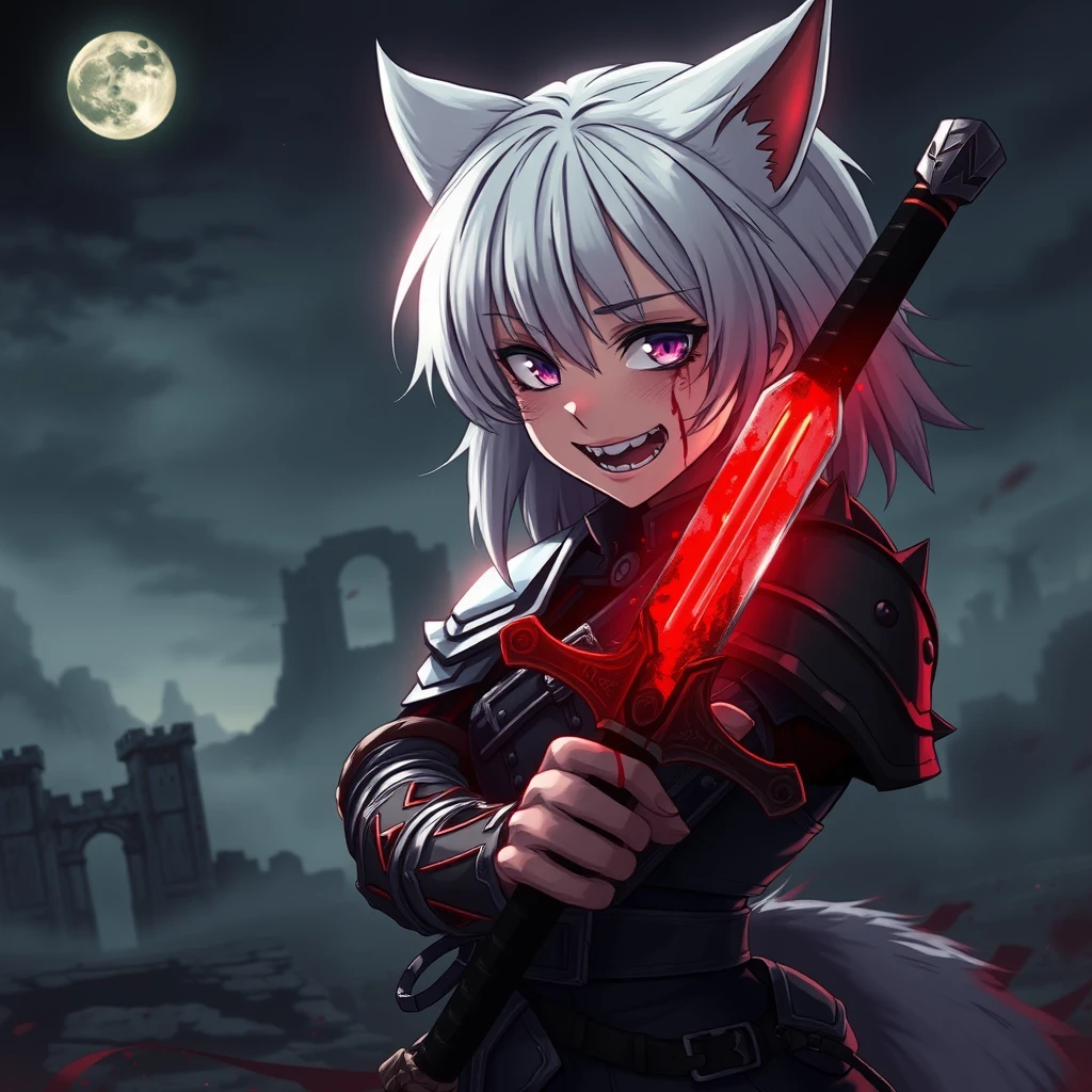 Anime girl with fangs and medium-length white hair, wolf ears, and a tail, with purple eyes and an evil grin, and blood on her face, holding a sword in her right hand. The sword is glowing light red and covered in blood. The girl is wearing armor. Old ruins can be seen in the background; it is dark and foggy. In the sky, there is a full moon. Dramatic, dynamic, cinematic. - Image