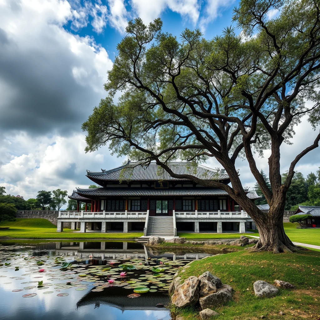 Chinese style hall, no humans, scenery, tree, sky, outdoors, cloud, lily pad, East Asian architecture, day, architecture, pond, water, grass, rock, building, cloudy sky, blue sky.