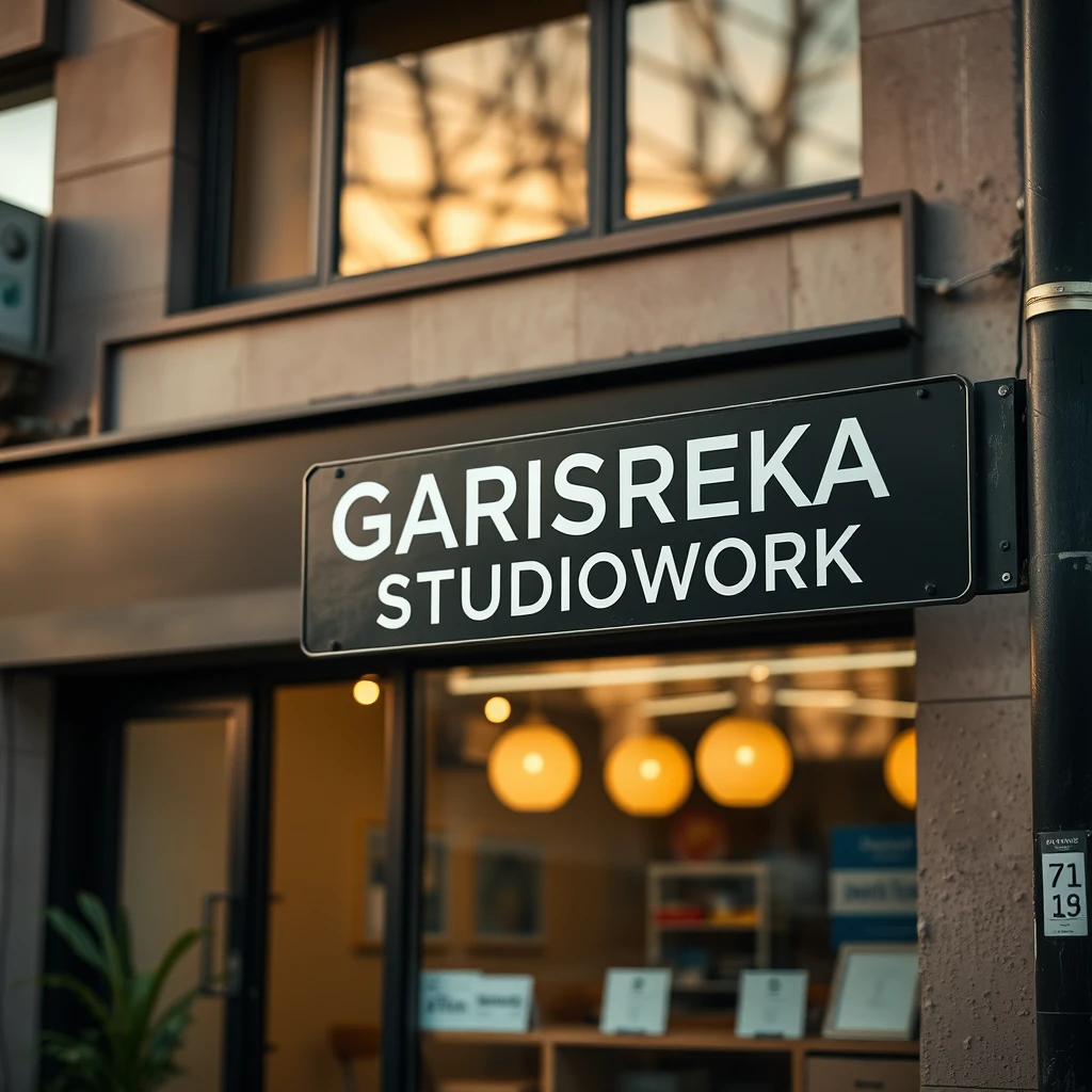 An architect office at a shop unit with street signage written "GARISREKA STUDIOWORK", bokeh, golden hour, outdoor. - Image