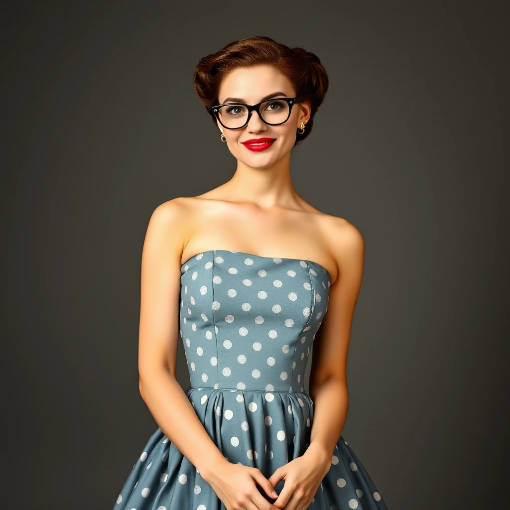 young woman with glasses in 50s style strapless dress with full skirt