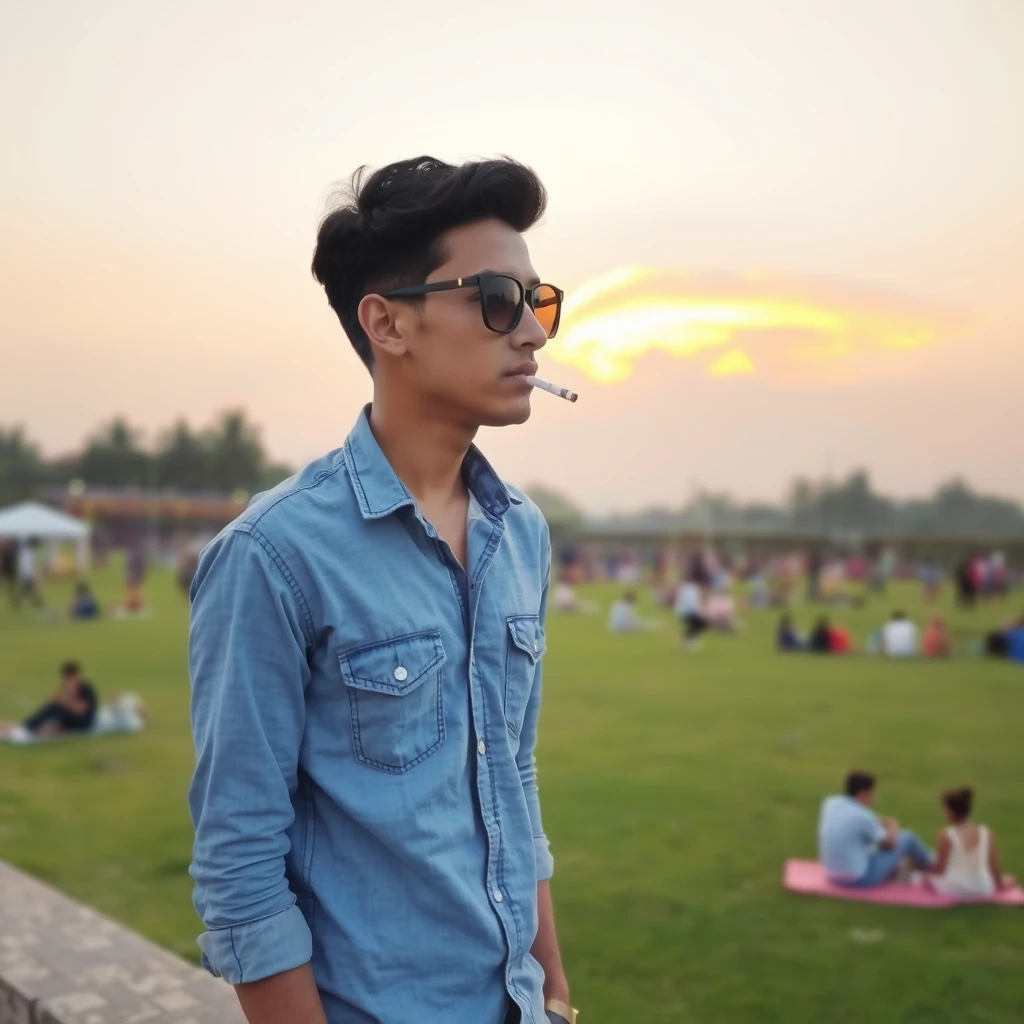 A young man, wearing a light blue denim shirt, stood by a large lawn. He wore a pair of black-framed sunglasses and had a slender build, about 1.75 meters tall and weighing 75 kilograms. He was leaning sideways with a cigarette in one hand, as if he was deep in thought about something. In the background is a sunset like a burning cloud, and many people can be seen sitting in twos and threes on the lawn. The whole atmosphere of the picture is very relaxing and leisurely.