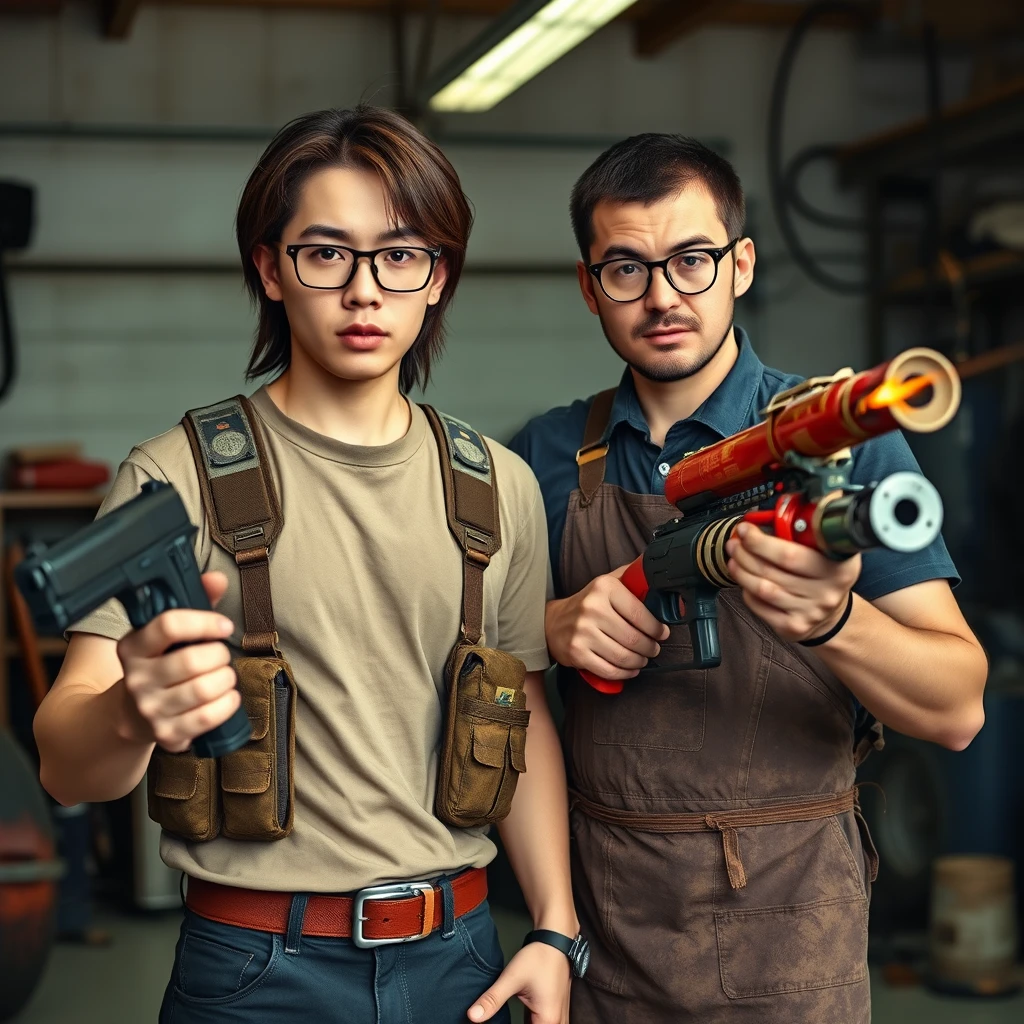 A 21-year-old thin white adult man from northern China with a long face and square chin, wearing square glasses and holding a pistol, has medium to long-length hair and a tactical chest rig. A 21-year-old Caucasian Italian man, wearing round glasses and having short hair, holds a very large fire extinguisher flamethrower and is wearing a welding apron. The setting is a garage, and both appear angry. - Image