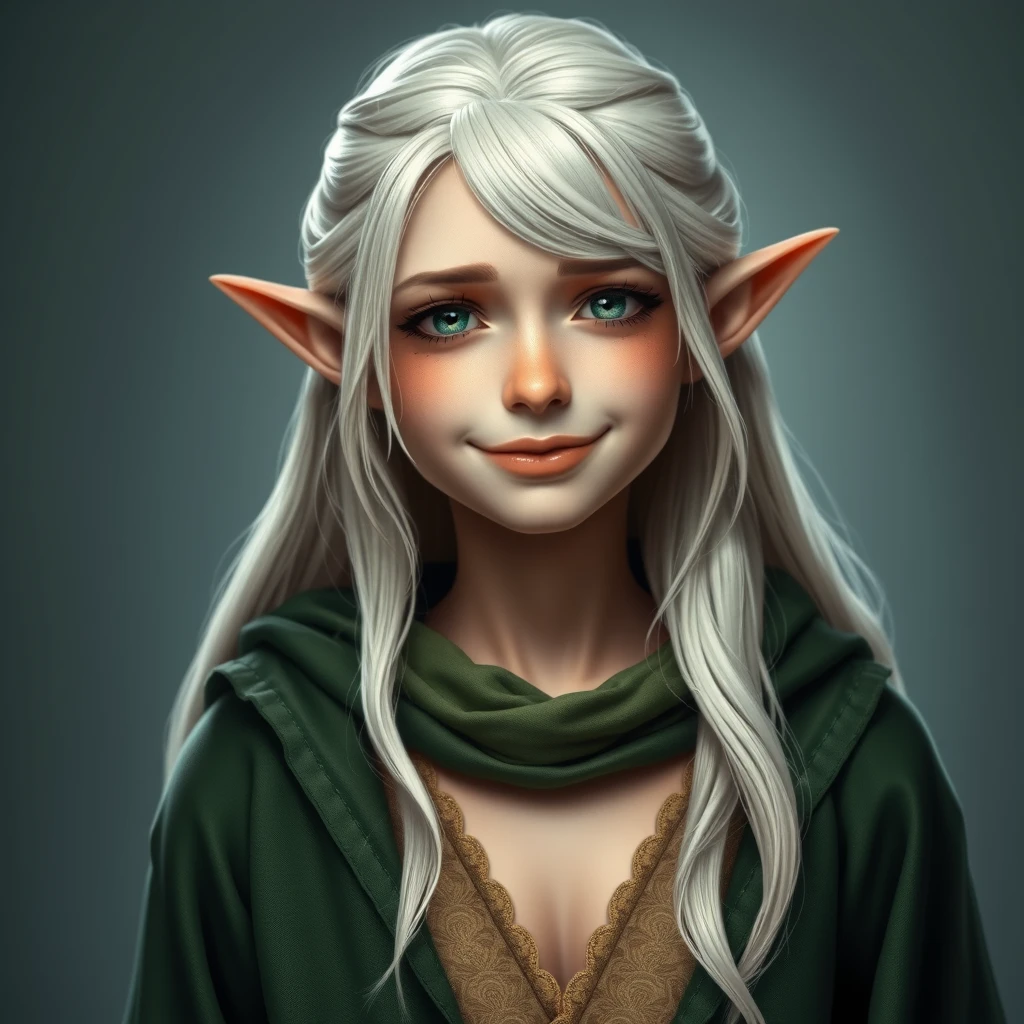 Premium portrait photography. Ultra realistic. A female elf. Platinum blonde hair. Happy but tired expression on her face. Wearing long green robes. Tall and regal.