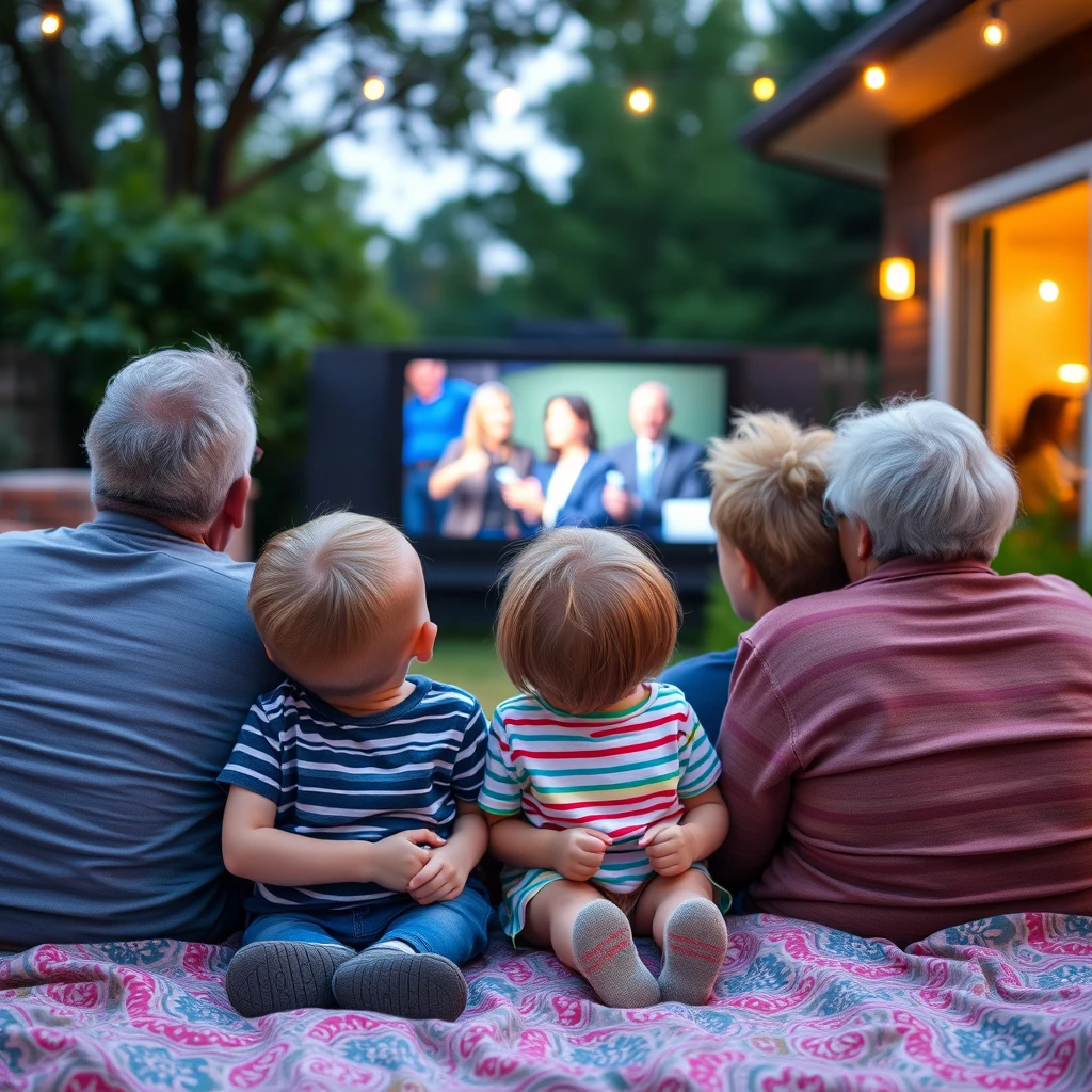 picture of kids watching a movie with grandparents outside