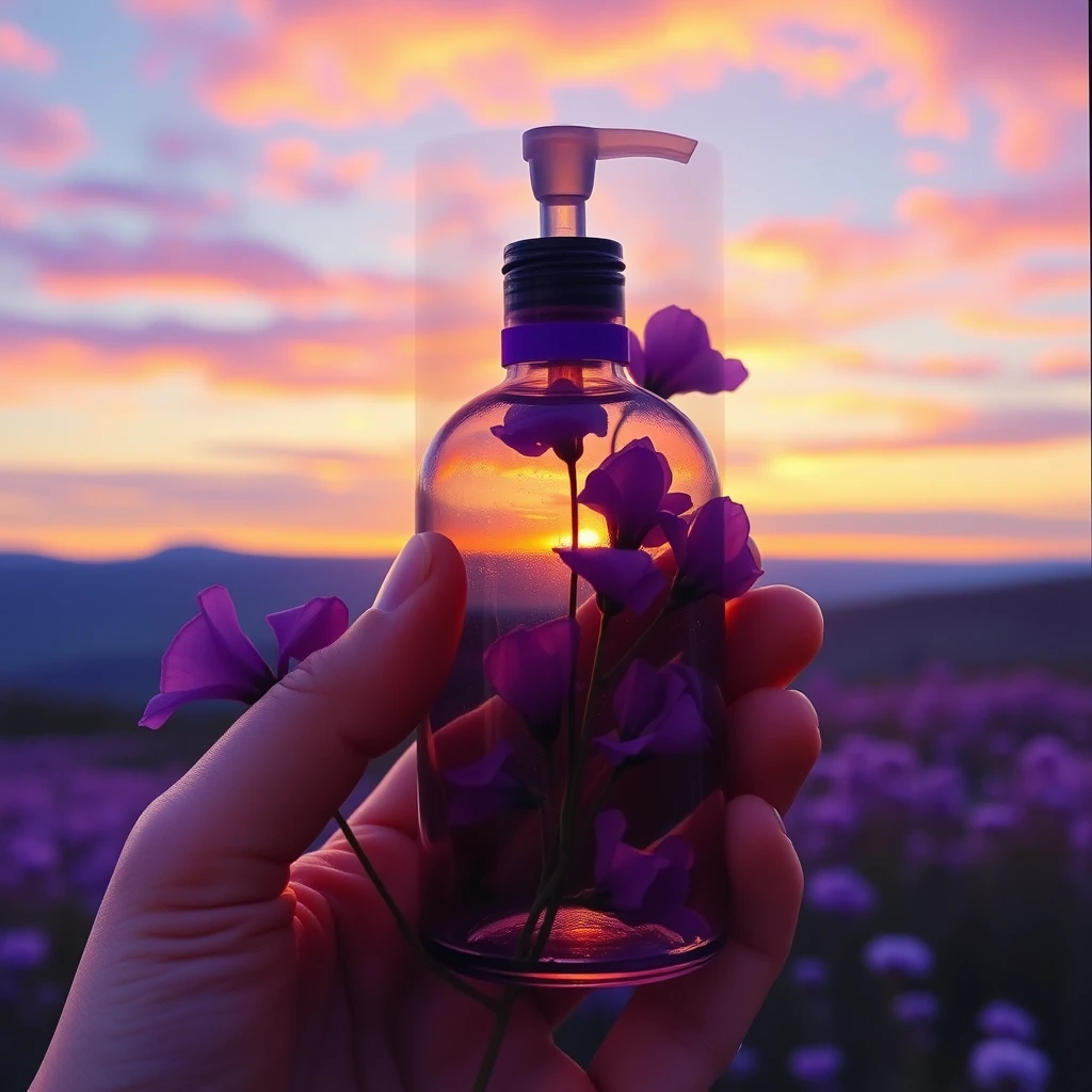 Multiple exposures, the art of Alphonse Mucha, cosmetic glass bottle, violet, rendering, beautiful scenery, dramatic colors. - Image