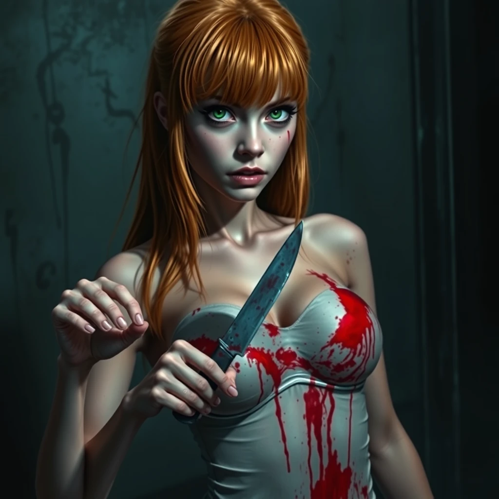 A horror scene; a short, sexy, skinny teenage girl with long ginger hair and bangs, green eyes, and big breasts, holding a knife, cutting a tall young white guy with brunette hair and dark eyes, covered in blood. - Image